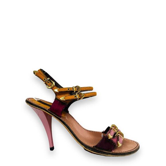 LOUIS VUITTON Pink Multicolor Ponyhair Buckle Accent Slingback Sandal Heels 37